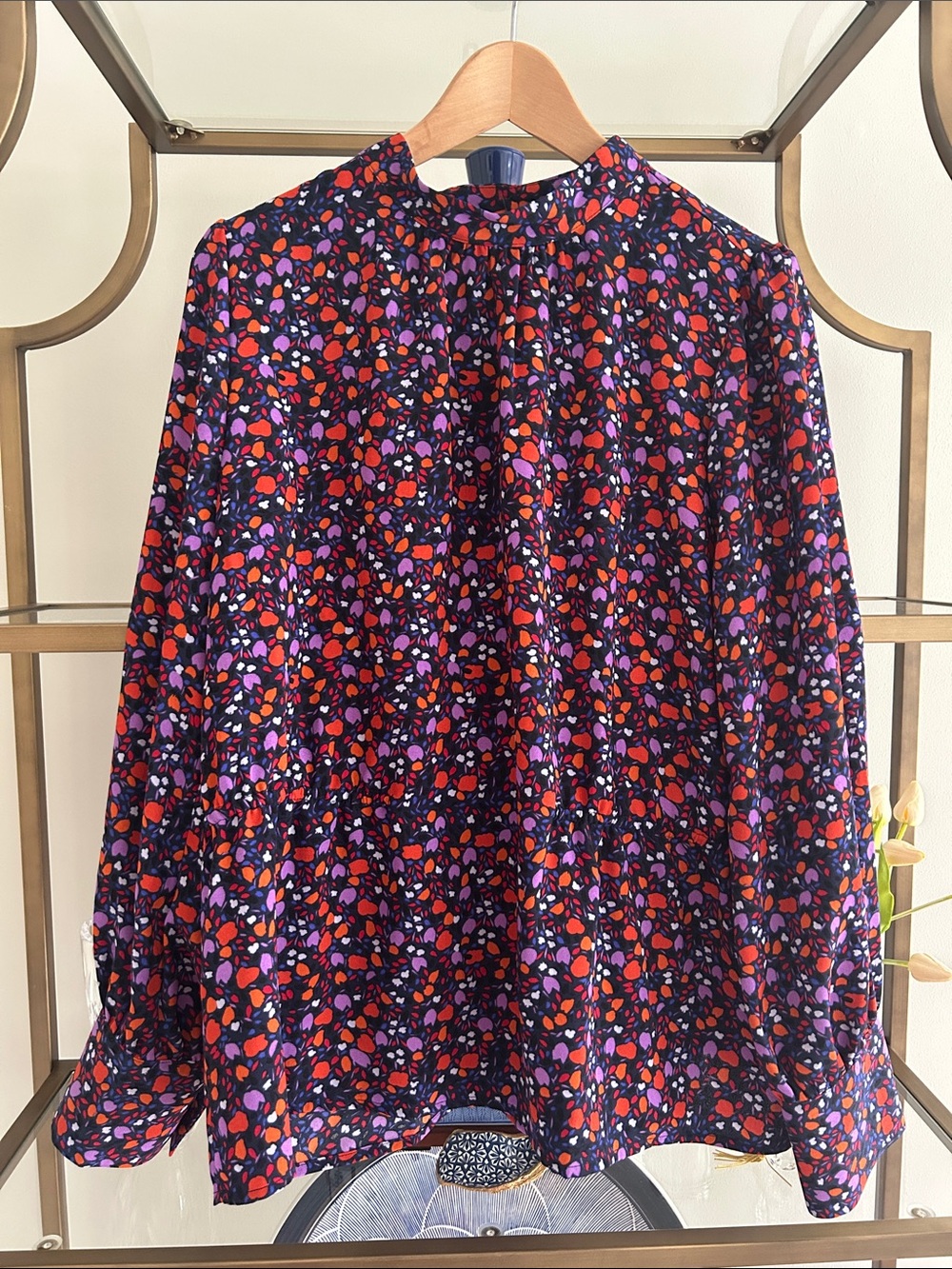 Halogen Navy Top with Red, Purple & Orange Abstract Floral Print